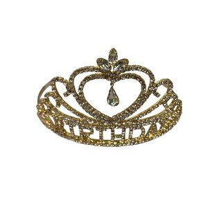 Birthday Tiara Crown Headband Gold Rhinestone Heart Teardrop Crystal Adult